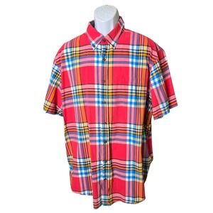 Lands End Mens XXL Plaid Shirt‎ Red Multicolor Cotton Button Down Preppy Casual